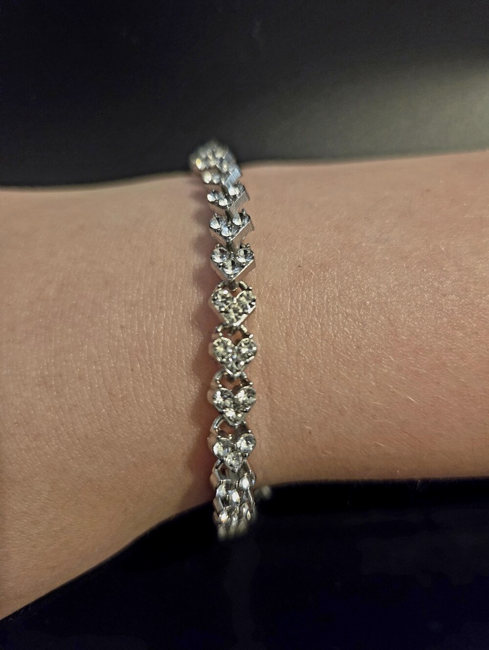 Vintage Rhinestone Heart Link Bracelet Silver Tone Clear Crystal 7.5"